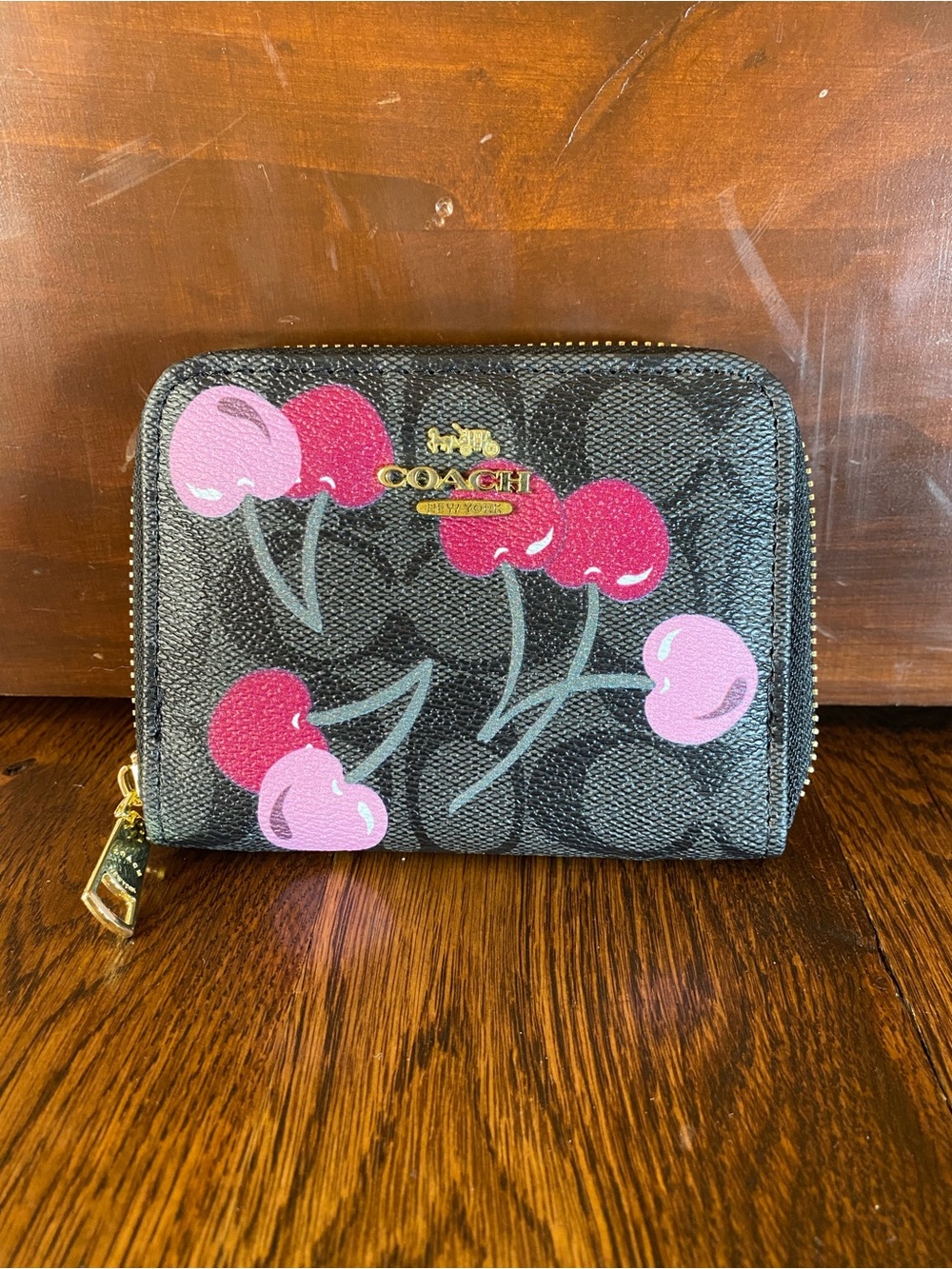 Coach Zip-Around Wallet Pink/Red Cherry Signature Card Wallet